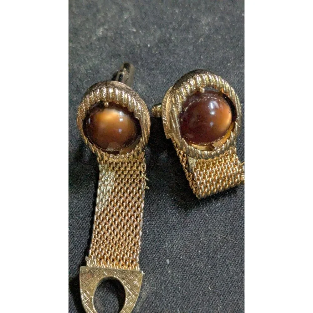 Swank Vintage Wrap Around Mesh Cufflinks Brown Cabochon Stones Gold-Tone Finish‎